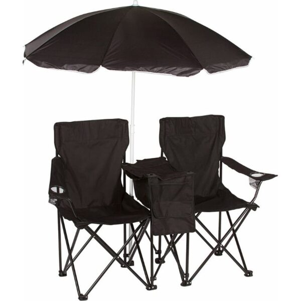 Trademark Innovations Double Folding Camp and Beach Chair with Removable Umbrella and Cooler