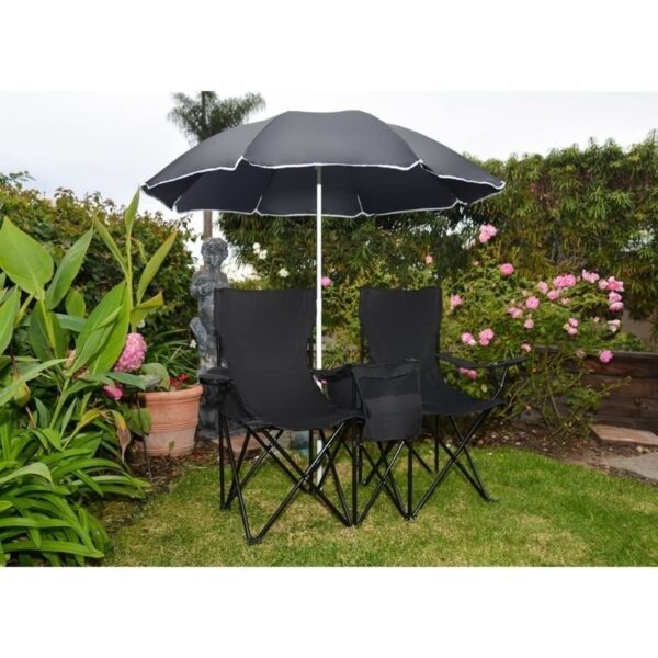 Trademark Innovations Double Folding Camp and Beach Chair with Removable Umbrella and Cooler - Image 2